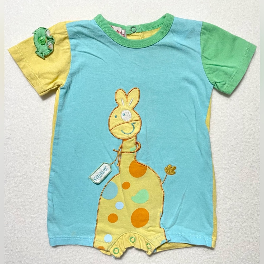 Montefiore Baby One Piece Size 2/6m South Africa Giraffe & Frog Color Block HTF